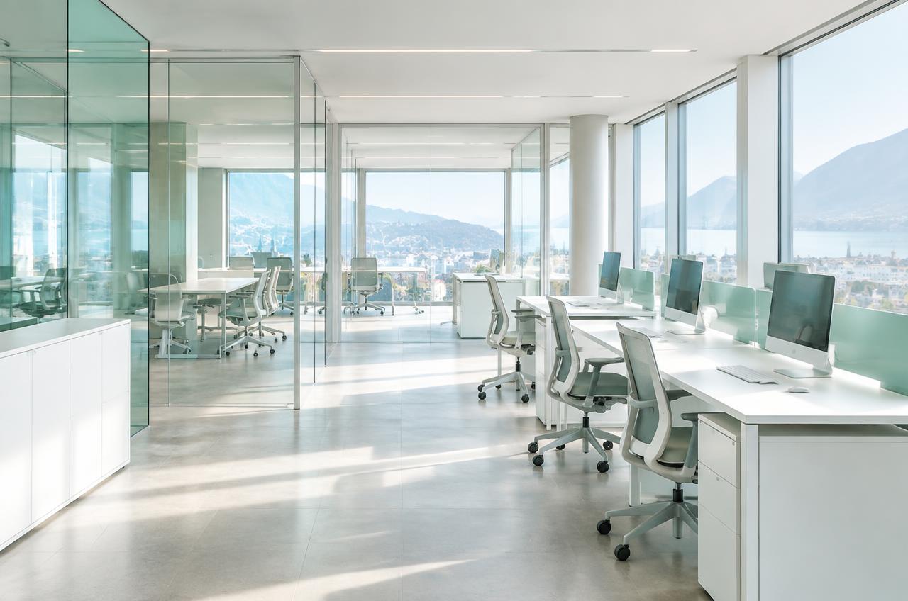 Ufficio moderno ordinato con pareti in vetro e luce naturale