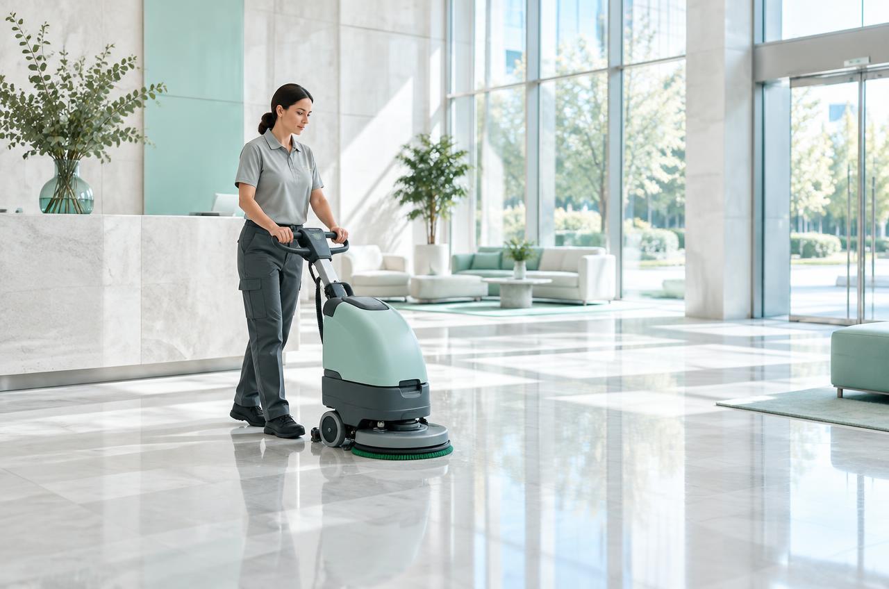Operatrice professionale con macchinario per pavimenti in una hall moderna